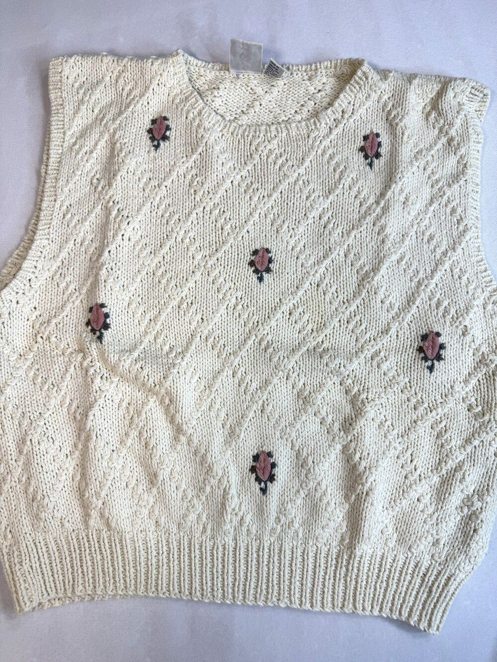 Vintage J.G. Hook women's sweater vest ivory flower buds SMALL